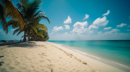 Landscape of a beach with fine white sand and palm trees on a sunny day created with Generative AI technologyの素材