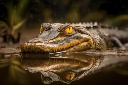 AI generated a very close-up of a cayman whose reflection is shown in the water of a swamp.の素材