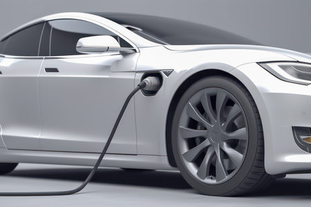 AI generated a close-up of the side of a white electric car recharging its batteryの素材