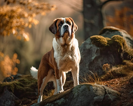 Full body portrait of a St. Bernard dog on a rock in the forest created with Generative AI technology.の素材