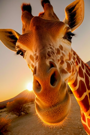 Very close-up of a giraffe looking at the camera with the sun setting behind it created with Generative AI technology.の素材