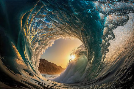 AI generated a picture from inside a sea wave at sunset with a mountain in the background.の素材
