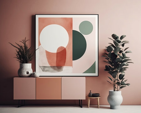 AI generated a chest of drawers with minimalist decoration and a modern style painting leaning on it.の素材