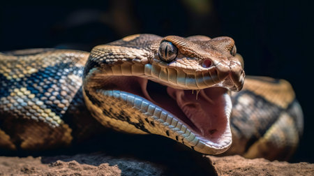 AI generated a macro-photograph of a boa constrictor with its mouth wide open.の素材