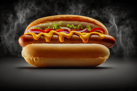 Delicious hot dog with mustard, tomato and lettuce created with generative AI technology.の素材
