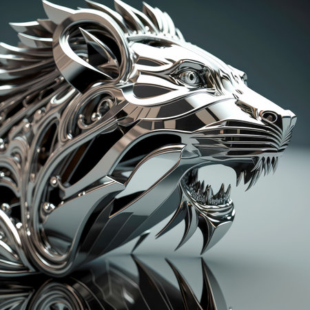 AI generated a biomechanical lion head in mirror-like polished chrome.の素材