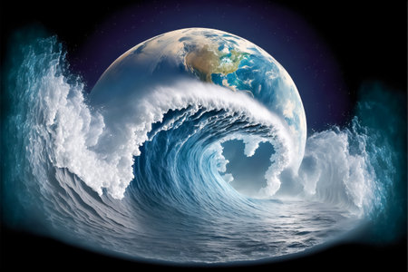 Planet Earth as seen from outer space on the crest of a giant wave, both created with Generative AI technology.の素材