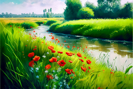 Landscape of a red poppy field by a river on a spring day in watercolor style. Generative AI technology.の素材