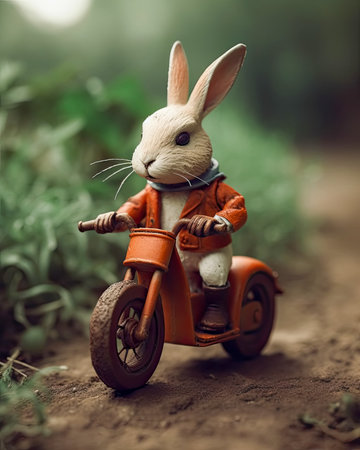 A toy rabbit in a jacket riding a mini motorcycle created with Generative AI technology.の素材