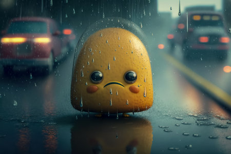 AI generated a small doll with a sad face in the rain to personify the concept of sadnessの素材