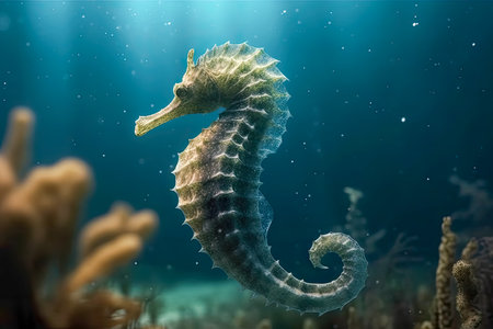 Side view of a seahorse moving underwater created by Generative AI technology.の素材