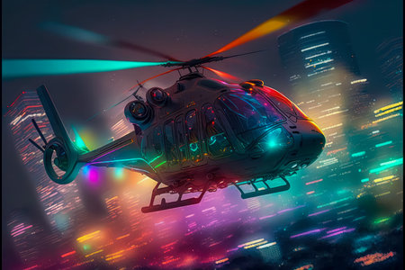 Brightly colored helicopter flying over a big city at high speed created with Generative AI technologyの素材