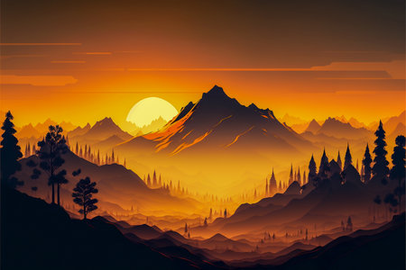 Misty landscape formed by the silhouettes of multiple layers of mountains at sunset created with Generative AI technology.の素材