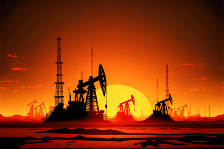 Silhouettes of derricks taking oil at dusk created with Generative AI technologyの素材