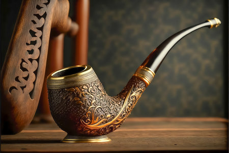 Intricately detailed tobacco pipe resting on a stand on a table. Created with generative AI technology.の素材