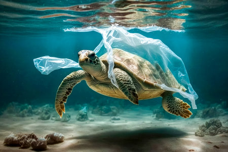 Sea turtle trapped in plastic under the ocean created with Generative AI technology.の素材