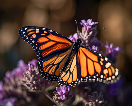 Close-up of a monarch butterfly perched on a beautiful purple flower created with Generative AI technologyの素材