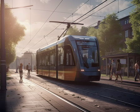 AI generated a tramway that runs through the center of a city while pedestrians are walking leisurely.の素材