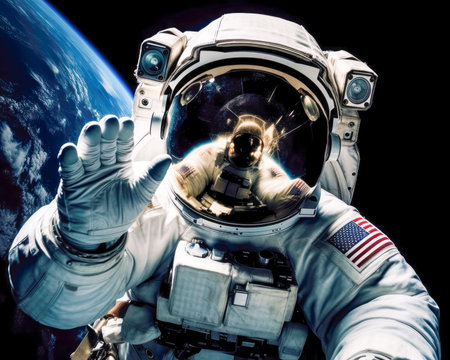 Portrait of an astronaut waving at the camera with the Earth behind him created with AI Generative technologyの素材