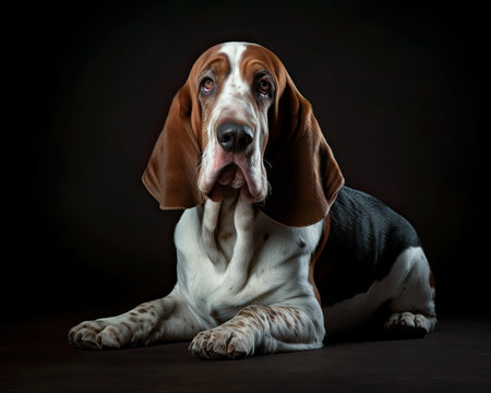 Studio portrait on dark background of a Basset Hound dog created with Generative AI technology.の素材