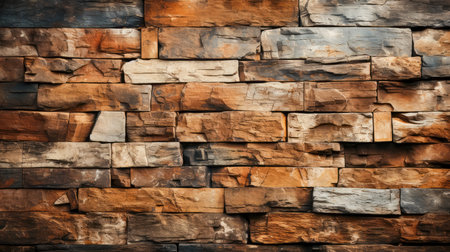 AI generated a close-up of a wall made with rectangular ochre-colored stones that can be used as a background.の素材