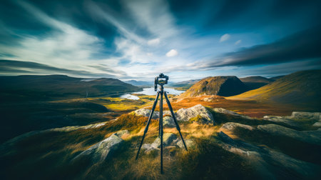 AI generated an image of a camera on a tripod taking a picture of a magnificent mountain landscape. World Photography Day.の素材