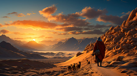 AI generated a desert and rocky landscape at sunset showing a Bedouin with camelsの素材