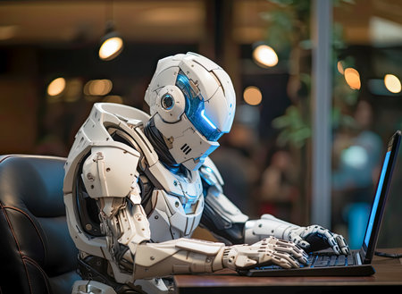 Portrait of a humanoid robot typing on a laptop in an office created with Generative AI technologyの素材