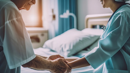 AI generated a close-up of an elderly man in a hospital room holding the hands of a female doctor as a sign of thanks.の素材