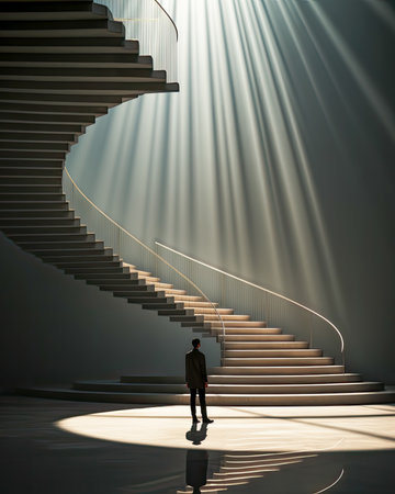 AI generated a picture of a man at the beginning of a staircase that will lead him to success.の素材