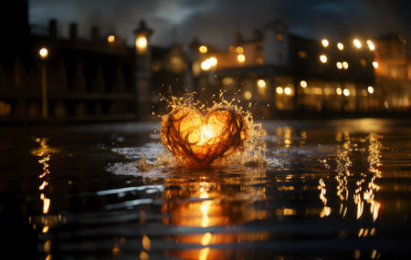 AI generated a night scene of a heart burning in the sea with a village in the background. Passion concept.の素材