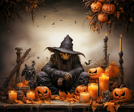 AI generated an artwork of a spooky Halloween character surrounded by pumpkins and candles.の素材