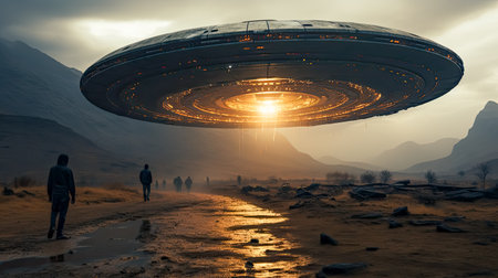 AI generated a group of people walk through the desert and head towards a spacecraft suspended in the skyの素材