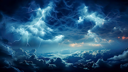 AI generated a close-up of a sky within a thunderstorm with a multitude of dark clouds, lightning bolts and lightningの素材
