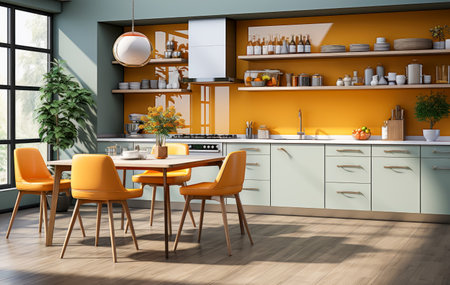 View of the interior of a bright apartment kitchen created with Generative AI technologyの素材