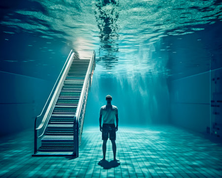 AI generated a man ready to climb an escalator at the bottom of a swimming poolの素材