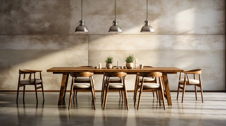 AI generated a bright living room with elongated wooden dining table with matching chairsの素材