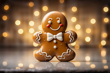 AI generated a classic gingerbread man cookie with icing details on a background with lights with bokhe.の素材