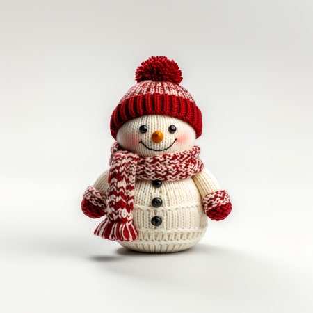 Small crocheted snowman on white background created with Generative AI technologyの素材