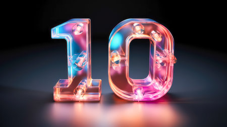 Close-up of the number 10 on a black background with bright and reflective pink and blue gradients created with Generative AI technologyの素材