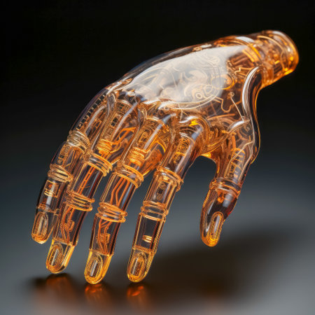 One-hand prosthesis with a transparent gold electronic circuit created with Generative AI technology.の素材