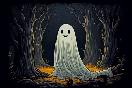 Night illustration of a friendly ghost surrounded by trees created with Generative AI technologyの素材