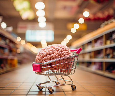 Concept of neuromarketing. Photo of a shopping cart with a brain inside. Generative AI.の素材