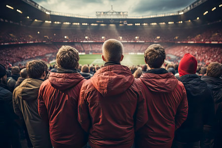 Back view of a crowd of soccer fans watching a game in a stadium created with Generative AI technology.の素材