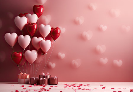 AI generated a stylish Valentine's Day background with heart shaped balloons and gift boxesの素材