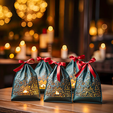 AI generated a Christmas decorative paper bags with lights and illuminated candles in the background.の素材
