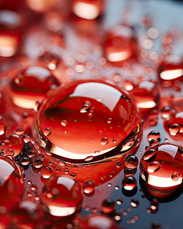 Closeup of red and white oil droplets on a black background created with Generative AI technologyの素材