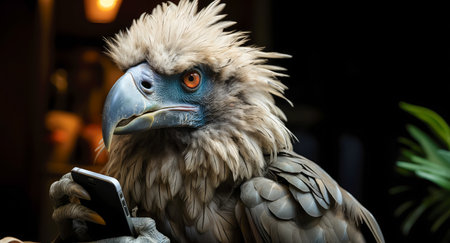 AI generated an anthropomorphic portrait of a giant vulture picking up a smartphone with its pawsの素材