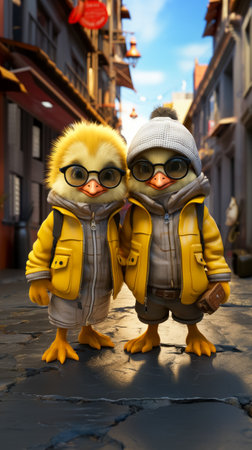 AI generated a two adorable yellow cartoon chicks on a city street in winter clothesの素材