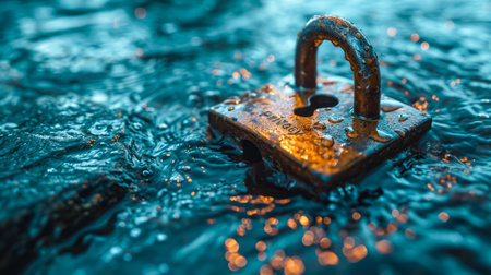 Padlock on the water with the inscription of the word Privacy created with Generative AI technologyの素材